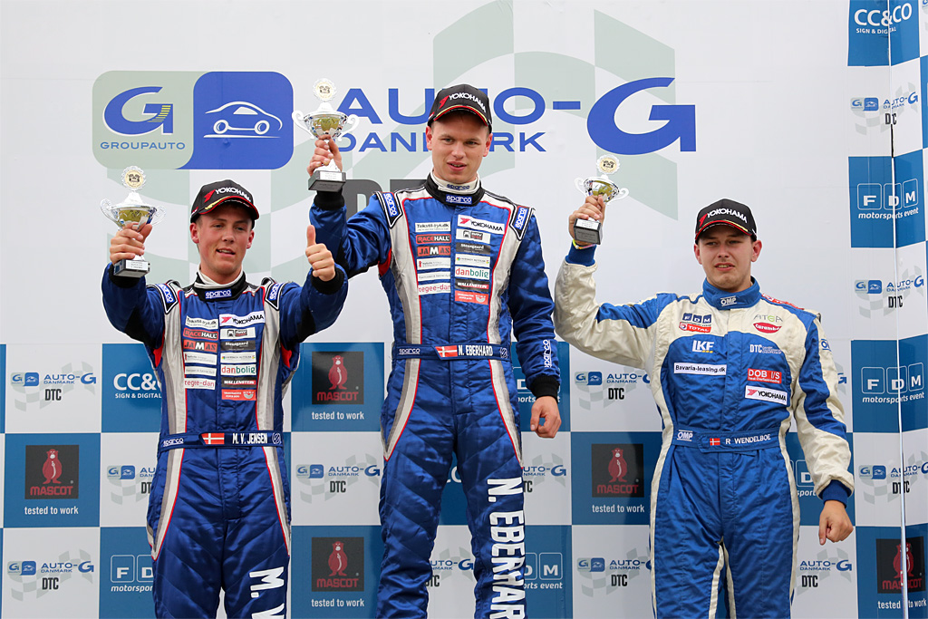 Podiet for første heat:
1. Nicholai Eberhard,
2. Martin V. Jensen,
3. Rasmus Wendelboe
(Foto: Mogens Roy Nielsen)